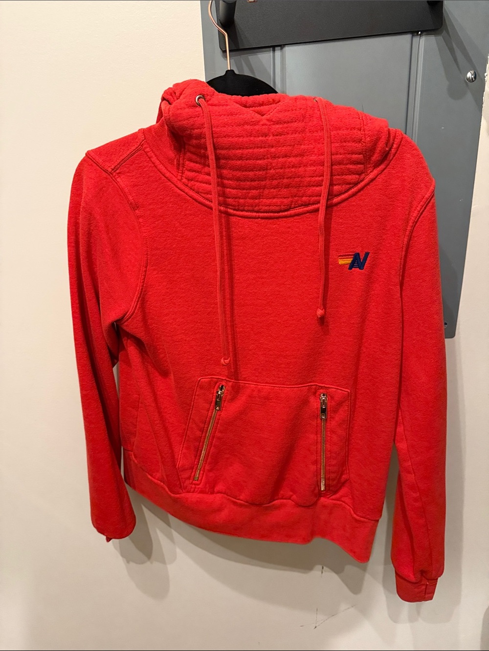 Aviator Nation Red Quilted Funnel-Neck Hooded Pullover
